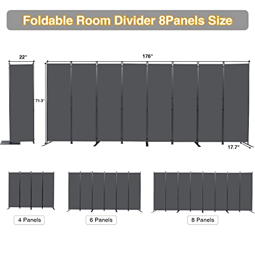 Room Divider, 8 Panel Folding Privacy Screens with Wider Feet, Grey | 176" W X 71" H Room Divider Panel, Stable Frame Structure, Flexible Space Separator, Portable wall divider for Room Partition - color: Grey, size: 22"- 8 Panel