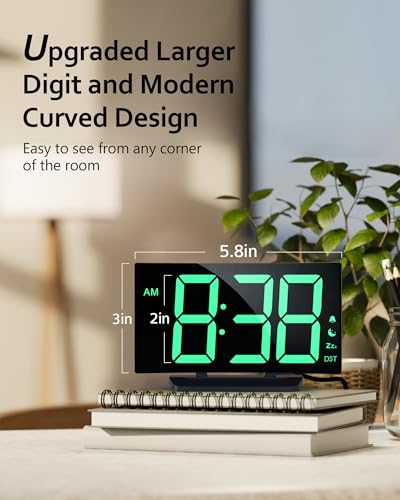 Digital Alarm Clock for Bedrooms, Digital Clock for Kids | Night Mode, 5 Levels Brightness+Off, 2 Volume, 3 Alarm Tones, Snooze, USB Charging Port, Power-Off Memory, 12/24H/DST - color: Green