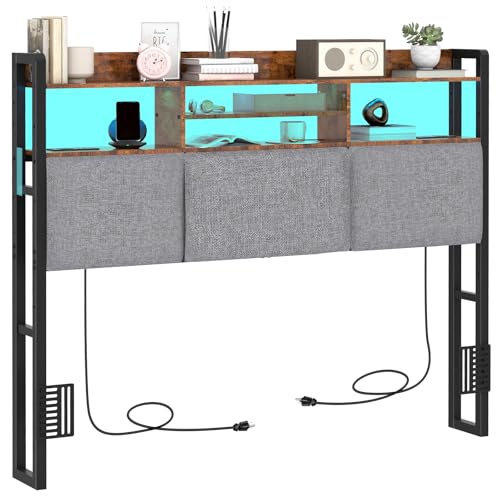 Headboard for Full Size Bed with Charging Station and LED Light | Full Bed Upholstered Head Board with Storage Shelves, Full Size Headboard with Power Outlets, Height Adjustable, Brown - size: Full