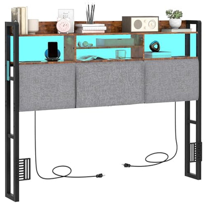 Headboard for Full Size Bed with Charging Station and LED Light | Full Bed Upholstered Head Board with Storage Shelves, Full Size Headboard with Power Outlets, Height Adjustable, Brown - size: Full