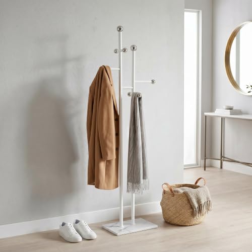 Bedroom Coat Rack Freestanding, Heavy White Marble Base | 1.0mm thickened white metal tree with 8 stainless steel hooks. Anti-toppling organizer for modern bedroom & living room. - color: all white