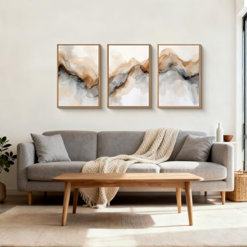 Ausril Abstract Neutral Watercolor Framed Canvas Wall Art Set -24"×36" x3 | Modern Texture Art Prints Retro Ink Landscape Wall Decor Minimalist Brown Beige Wall Painting for Living Room Bedroom Office - color: Abstract Neutral Wall Art, size: 24"L x 36"W
