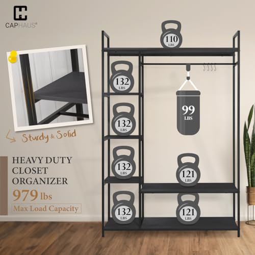 CAPHAUS 979lbs Capacity Heavy Duty Clothing Rack 48" W Metal Garment Rack with Drawers Hanging Rods and Wood Shelves Freestanding Closet Organizer, Black Board - color: Black, size: 48 Inch