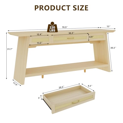 iPormis 70.9 Inches Rattan Entryway Table with Drawer, Narrow Long Console Table Behind Sofa, Wood Entry Accent Hallway Table for Living Room, Behind Couch, Entrance, Natural - color: Natural