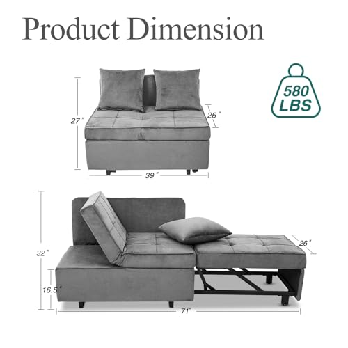 Convertible Sofa Bed 4-in-1 Pull Out Couch, Ottoman Bed Sleeper, Light Grey | Velvet Love seat Couch Sleeper Chair Bed with USB Ports, 5 Adjustable Backrest and Pillow for Living Room Apartment Office - color: Light Grey