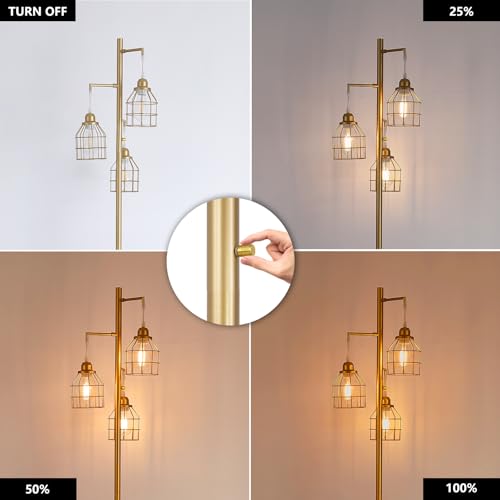 9MMML Golden Dimmable Floor Lamp,Industrial Gold Farmhouse Tall Standing Lamp for Living Room, Bedroom Office,3 Teardrop Cage Lampshade,3 LED Bulbs Inculded, 68'' Tall - color: Gold B