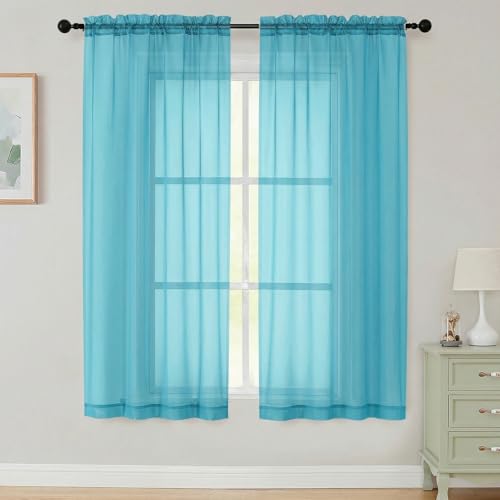 Sheer Curtains 63 Inch Length 2 Panels Set for Living Room Bedroom, Airy Soft Light Filtering Sheer Dining Room Curtains, Modern Rod Pocket Drapes, Aqua, Each 42" Wx63 L - color: Aqua, size: 42"W x 63"L (Pack of 2)