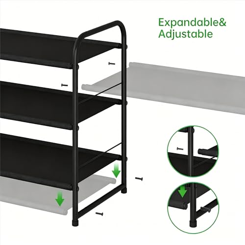 Ekisemio 3-Tier Stackable Shoe Rack – Expandable & Adjustable Fabric Shoe Organizer, Space-Saving for Closet, Black - size: 11.5"D x 27"W x 19"H