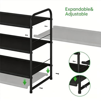 Ekisemio 3-Tier Stackable Shoe Rack – Expandable & Adjustable Fabric Shoe Organizer, Space-Saving for Closet, Black - size: 11.5"D x 27"W x 19"H