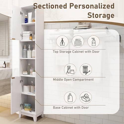 VINGLI White Fluted Tall Narrow Bathroom Cabinet, 67" Slim Freestanding Storage Cabinet for Small Spaces, Wood Linen Tower Floor Cabinet with 2 Doors, Open Shelves & Soft-Close Hinges
