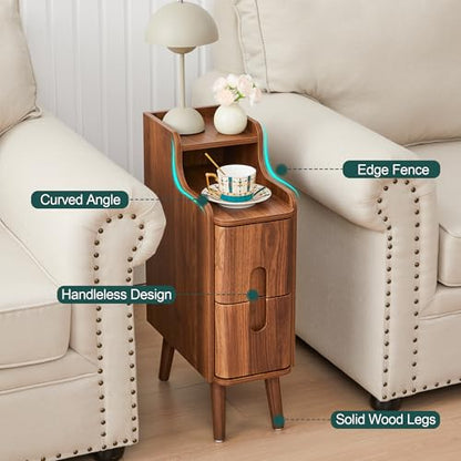 Narrow Nightstand Set of 2, Wood 2 Drawer Small Nightstand, Slim Side Table, Modern Skinny End Bedside Table, Natural Wood Night Stand with Drawers for Bedroom (Walnut-2 pcs) - color: Walnut-2 Pcs