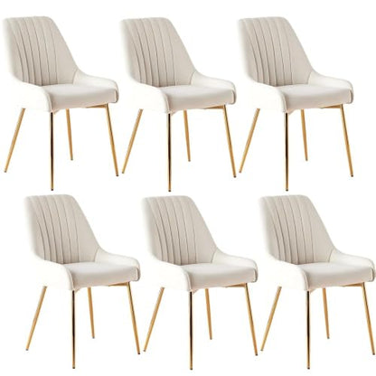 White Velvet Dining Chairs Set of 6, Modern Kitchen and Vanity Chairs | Modern upholstered vanity chairs with gold metal legs, stain-resistant hand-quilted fabric, high-density foam cushion seat - color: White, size: Set of 6