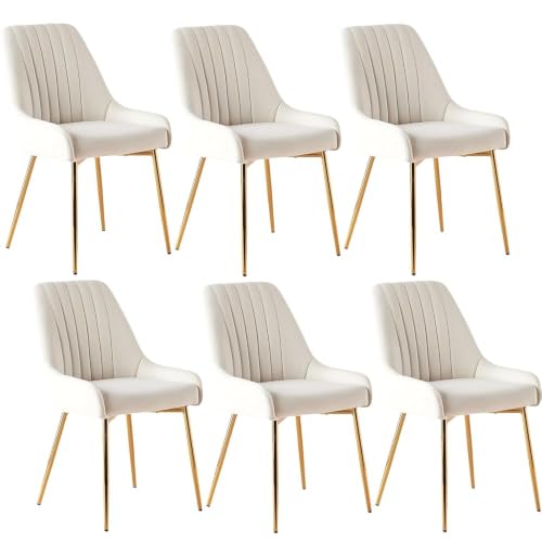 White Velvet Dining Chairs Set of 6, Modern Kitchen and Vanity Chairs | Modern upholstered vanity chairs with gold metal legs, stain-resistant hand-quilted fabric, high-density foam cushion seat - color: White, size: Set of 6