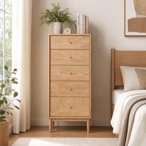 Solid Oak Wood Nightstand, Side Table for Bedroom, Solid Wood Nightstand with 5 Drawers, Modern Design for Living Room, Hallway, Closet, Natural Oak (16.38" W×15.75" D×39.69" H) - color: Natural-38"h