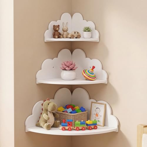 Novabright 3 Pack Cloud Floating Corner Shelves, 9/10/12 Inch Wall Mounted Corner Shelves for Room & Nursery Decor, Cute Cloud Display Shelf for Storage, Plants, Books & Small Decor