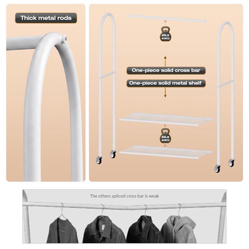 Univivi Heavy Duty Clothing Rack with Dust Cover and Bottom Storage Shelf | 360° Rotation Wheels, Tool-Free Quick Assembly, 2 Durable Zippers, Portable Closet Rack with Cover for Hanging Clothes - color: White Rack with White Cover