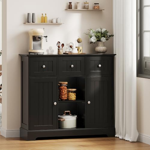 ChooChoo 35.4" Coffee Bar Cabinet with 3 Drawers and 2 Doors, Black | Buffet Cabinet with Adjustable Shelves, Storage Cabinet for Compact Kitchens, Dining rooms and Living rooms - color: Black