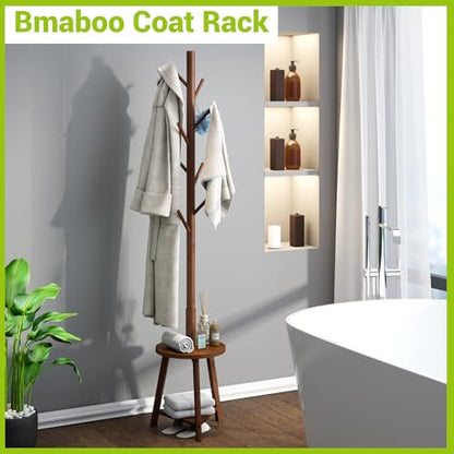 BMOSU Coat Rack freestanding Stand with 2 Shelves Bamboo Wooden Coat Tree Easy Assembly 8 Hooks Standing Jackets Hanger Hallway Office Floor Coat Stand Brown - color: BROWN