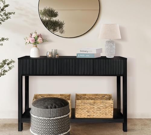 Fluted Console Table, Long Console Tables for Entryway 48" Vanity Desk, Black Boho Entry Table Narrow Modern Hallway Table Modern Sofa Table for Living Room - color: Black-4 Legs
