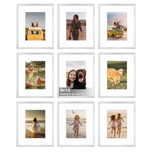 8x10 Picture Frame Set of 9, 10x8 Photo Frames with Plexiglass for 5x7 Pictures with Mat or 8x10 Without Mat, Art Collage for Wall Gallery and Tabletop Display, 8 x 10 Frame Silver - color: Silver, size: 8x10