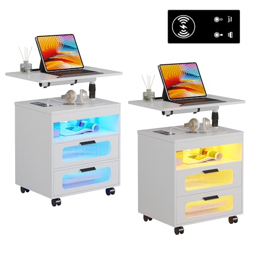 HNEBC LED Nightstand Set of 2 with Charging Station & Adjustable Overbed Desk, 3 Color LED Lights & Body Sensor, Mobile Bedside Table with Wheels, 2 Drawers & Open Shelf for Bedroom(White) - color: 9603-2-white