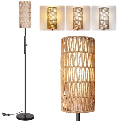 Boho Floor Lamp for Living Room with 3 Color Temperatures LED Bulb, Standing Lamp Tall Lamp Reading for Bedroom, Office, Kids Room (9W LED Bulb, Rattan & Fabric Shades Included) - color: Beige & Rattan