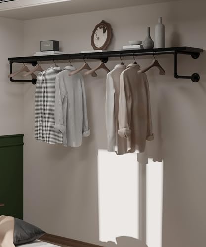 Clothes Rack 70in, Wall Mounted Garment Racks with Real Black Wood Shelf, Heavy Duty Hanging Clothes Rack, Multi-Purpose Hanging Rod, Space-Saving Closet Storage - color: Black, size: 1T70IN