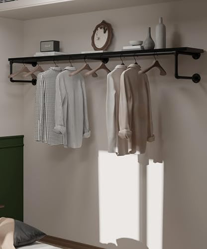 Clothes Rack 70in, Wall Mounted Garment Racks with Real Black Wood Shelf, Heavy Duty Hanging Clothes Rack, Multi-Purpose Hanging Rod, Space-Saving Closet Storage - color: Black, size: 1T70IN