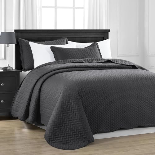 MOONLIGHT20015 Quilt Queen Size (90" x 96") with 2 Pillow Shams (20" x 26"+2") for All Season - 3 Pcs Lightweight Bedding Set Reversible Coverlet Embossed Quilted Bedspread (Charcoal/Dark Grey) - color: Charcoal/Dark Grey, size: Full/Queen