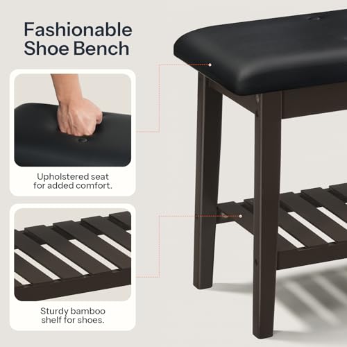 HOOBRO Dining Bench, Bamboo Dining Room Bench, 2-Tier Entryway Bench with PU Leather Upholstered Seat, Kitchen Bench for Living Room, Hallway, Entryway, Bedroom, Kitchen, Brown and Black CB70HX01