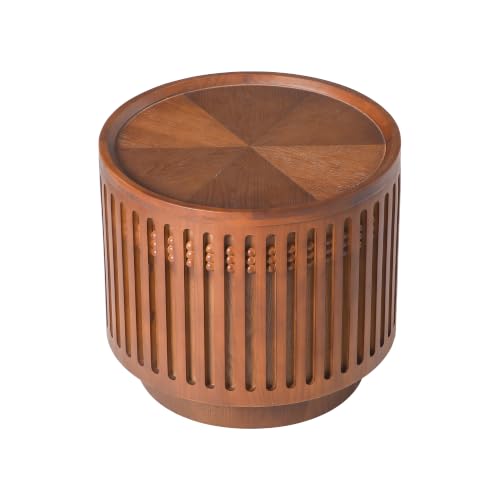 18.9" Round Side Table with Hidden Storage, Wooden End Table | Mid-Century Modern Small Coffee Table with Grille Solid Wood Effect, Boho Table for Living Room,Bedroom,Walnut - color: A-18.9" Round Side Table