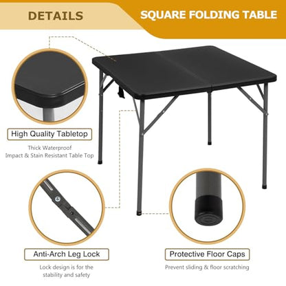 34" Folding Card Table, Heavy Duty Plastic Square Table - Portable Fold-in-Half w/Handle & Lock for Camping, BBQ, Party, Events, Black - size: 34‘’-Black