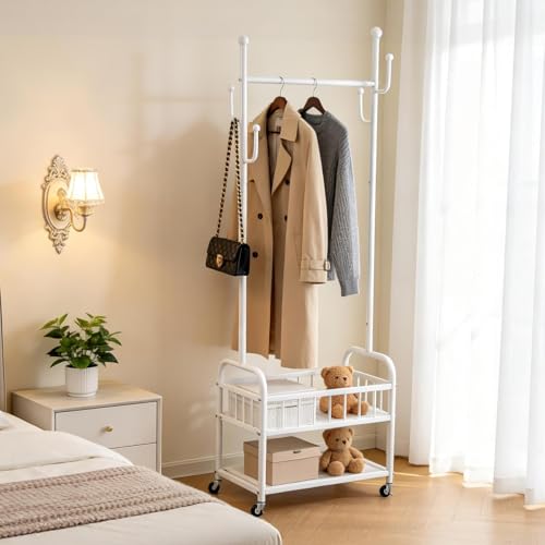 Free Standing Rolling Clothes Rack with Wheels Shoe Storage - White | Small Narrow Cloth Hanger Garment Rack for Bedroom Livingroom Lab Dress Shirt Rack with Metal Basket and Shoe Storage Shelves - color: White-2 Tier