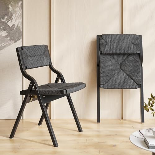 Wood Folding Chairs, Foldable Chairs Wooden Indoor Stackable Dining Chairs for Kitchen & Dining Room Chair Woven Seat & Webbing Back, Dining Chair Set of 2 - color: Black/Black, Woven Rope