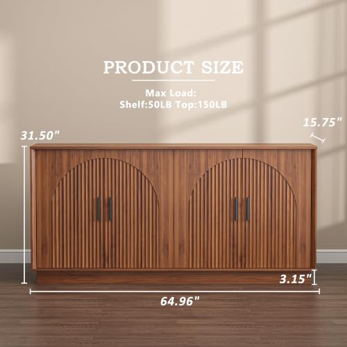 Buffet Cabinet with Storage, 65" W Fluted Sideboard Buffet Cabinet with Adjustable Shelves, Single-Box Modern Wood Credenza Accent Storage Cabinet for Dining Room Living Room Hallway, Walnut - color: Walnut, size: 65'' WIDE