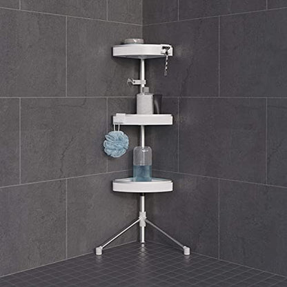 Better Living HiRise 3 Standing Corner Shower Caddy, White | Adjustable 3 Large Baskets, Aluminum Rustproof Bathroom Shower Organizer with Storage Hooks, No Drill, Shower Organizer
