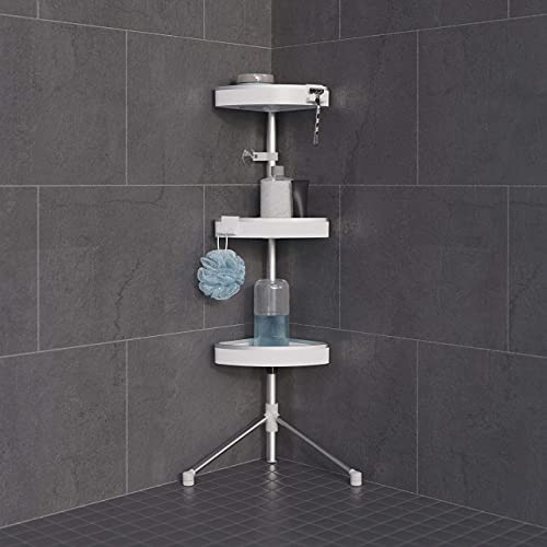 Better Living HiRise 3 Standing Corner Shower Caddy, White | Adjustable 3 Large Baskets, Aluminum Rustproof Bathroom Shower Organizer with Storage Hooks, No Drill, Shower Organizer