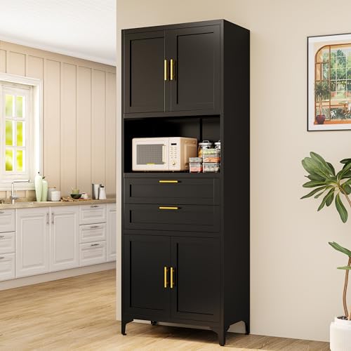 Tall Kitchen Pantry Cabinet, Metal Storage Cabinet with 2 Drawers and Adjustable Shelves, 71" Kitchen Pantry Cupboard, Freestanding Cupboard for Kitchen,Dining Room, Black - color: Black, size: 71"H