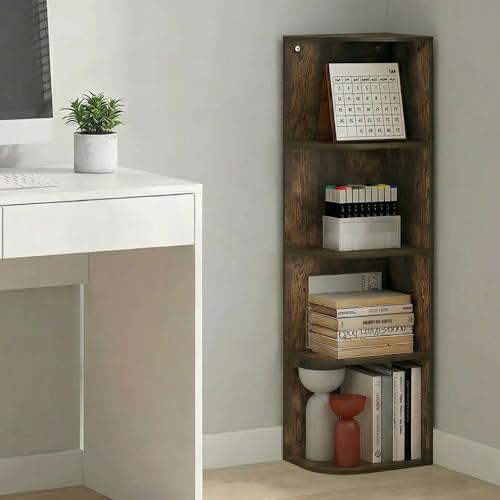 Furinno PASIR Book Shelf, 4-Tier Corner Bookshelf with Open Shelf, Standing Bookcase, 9.3 x 12 x 41.4, for Organization and Storage, for Living Room, Bedroom, Home Office, Amber Pine - color: Amber Pine, size: 4-Tier Corner