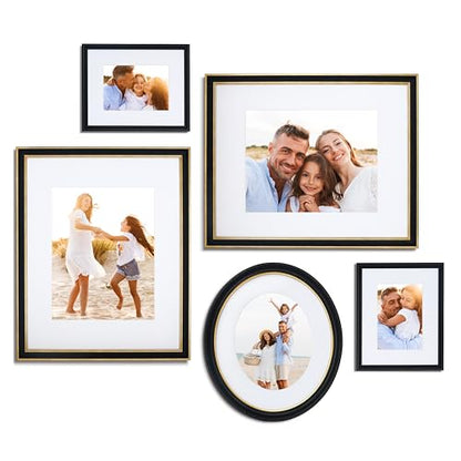 Mixed Gallery Wall Frame Set, (2) 16x20 Inch, (1) 11x14 Inch, and (2) 8x10 Inch, 5 Piece, Black/Gold with Oval - color: Black/Gold with Oval