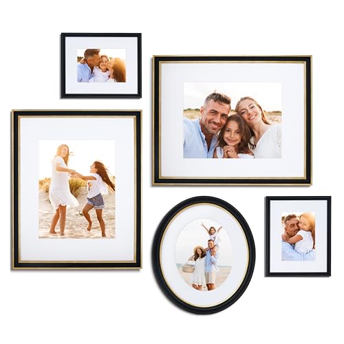 Mixed Gallery Wall Frame Set, (2) 16x20 Inch, (1) 11x14 Inch, and (2) 8x10 Inch, 5 Piece, Black/Gold with Oval - color: Black/Gold with Oval