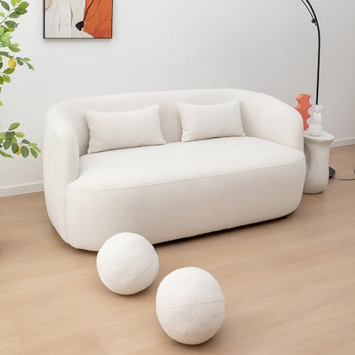 KINWELL 68" Boucle Upholstered Loveseat with 4 Toss Pillows, Beige | No Assembly Deeper 2-Seater Sherpa Couch Settee Love Seat Sofa with 3 Height Options for Small Spaces Apartment Living Room - color: Beige, size: Loveseat