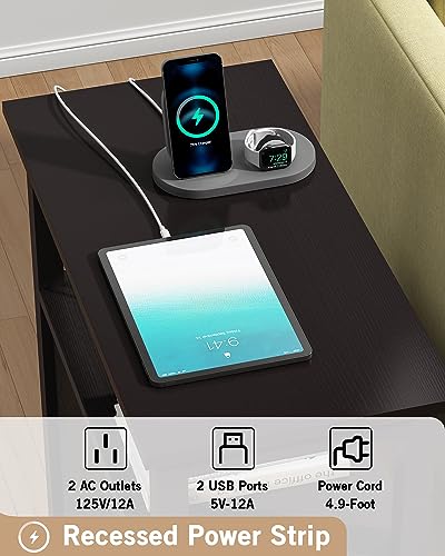 3-Tier Side Table Slim Sofa End Table with 2 Drawers and 1 Open Shelf Narrow Space for Living Room, Espresso Power (Outlets and USB Ports Included) - color: Brown