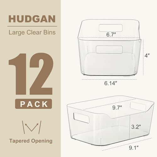 Hudgan 12 Pack Pantry Storage Bins for Kitchen Cabinet, Clear Plastic Organizer Bins for Bathroom, Pantry Organizer Containers for Home Edit, Drawer, Under Sink, Fridge