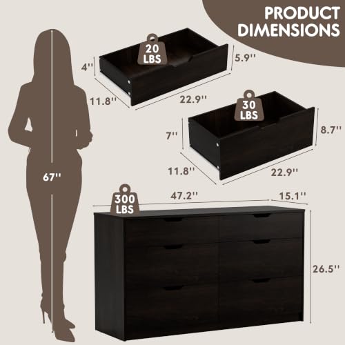 YESHOMY Dresser for Bedroom, 47.2" Modern Wood Chest with 6 Drawers | Two Drawer Sizes, Anti-Tip, Storage Cabinet & TV Stand for Living Room, Closet, Entryway, Brown - color: Brown