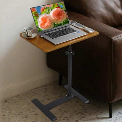 Adjustable Height C Shaped Side Table with Wheels 40 * 60cm | 360° Swivel TV Tray Table, Mobile End Table for Living Room Bedroom Sofa Bed Office - color: Wood Color