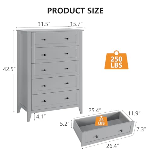 IDEALHOUSE 5 Chest of Drawers for Bedroom, 42.5'' Tall Drawer Dresser,Grey | Simply 5 Drawer Dresser for Hallway Entryway, 15.8"D x 31.5"W x 42.5"H, Lacquered Storage Organizer for Living Room - color: Grey, size: 15.8"D x 31.5"W x 42.5"H (5 Drawers)