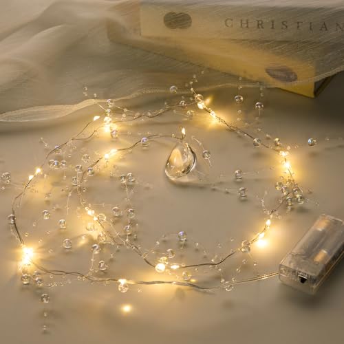 Iridescent Bead String with Fairy Lights Battery Operated 3.28ft/pcs, 2 PCS | 3-8mm Artificial Crystal Beads Chain and Short LED String Lights Mixed, DIY Crafts Wedding Party Garland Centerpiece - color: Iridescent Bead- Lights, size: 3.28ft per/2pcs tota