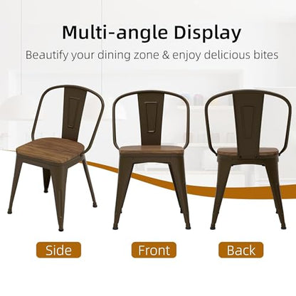 18 Inch Dining Chairs Set of 4, Farmhouse Metal Chairs with High Back and Wooden Seat, Stackable Industrial Bar stools for Dining Room(Rusty) - color: Rusty