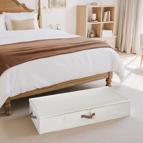 StorageWorks 7 Inch Low Profile Under Bed Clothes Storage Bins with Lids | Reinforced Structure, Resists Sagging, Handles & Label Holder, Foldable Stackable Closet Storage for Clothes, Blankets, Toys - color: Beige, size: 38.5"L × 17"W × 6.75"H